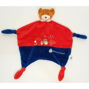 WinkiePops Bear Lovey Tractor Knotted Corner Security Blanket Red and Blue Nunu